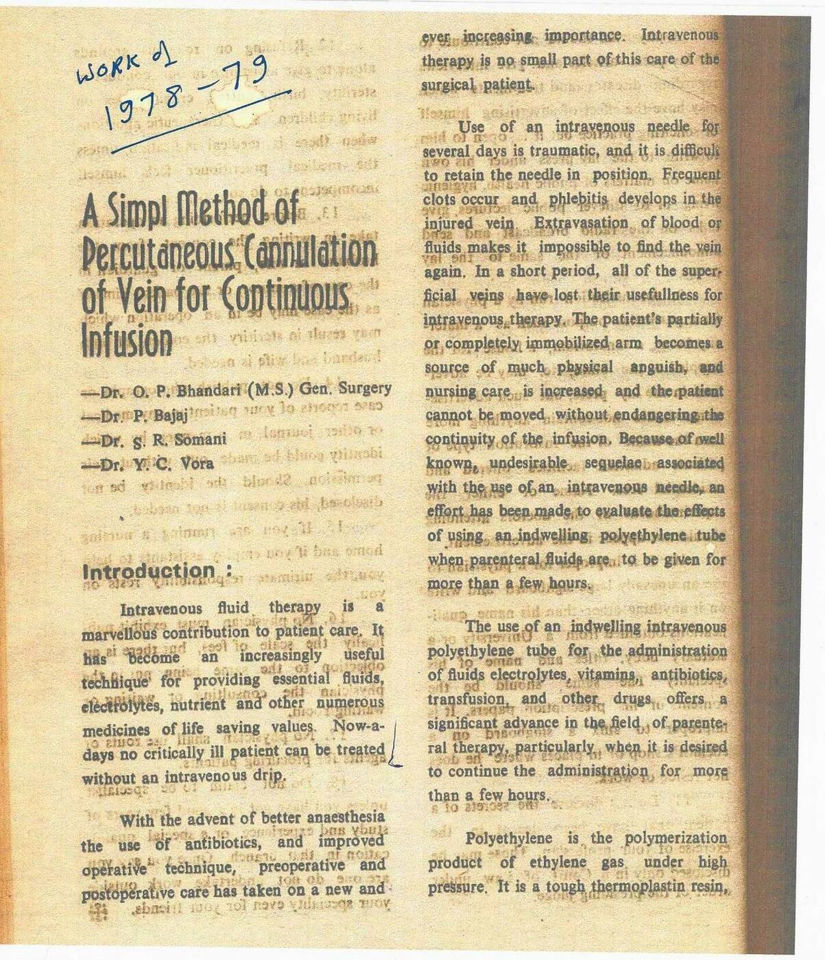 Original scanned page of the 1978-79 publication A Simple Method of Percutaneous Cannulation of Vein for Continuous Infusion, with handwritten annotation Work 1, 1978-79
